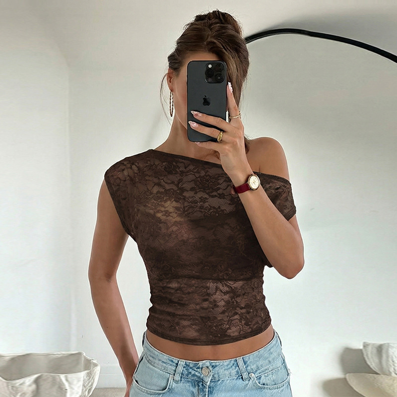 European style perspective lace T-shirt sexy tight tops