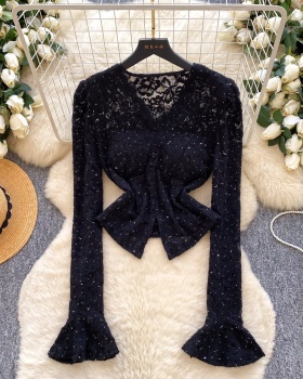 Lace autumn tops trumpet sleeves shirt for women