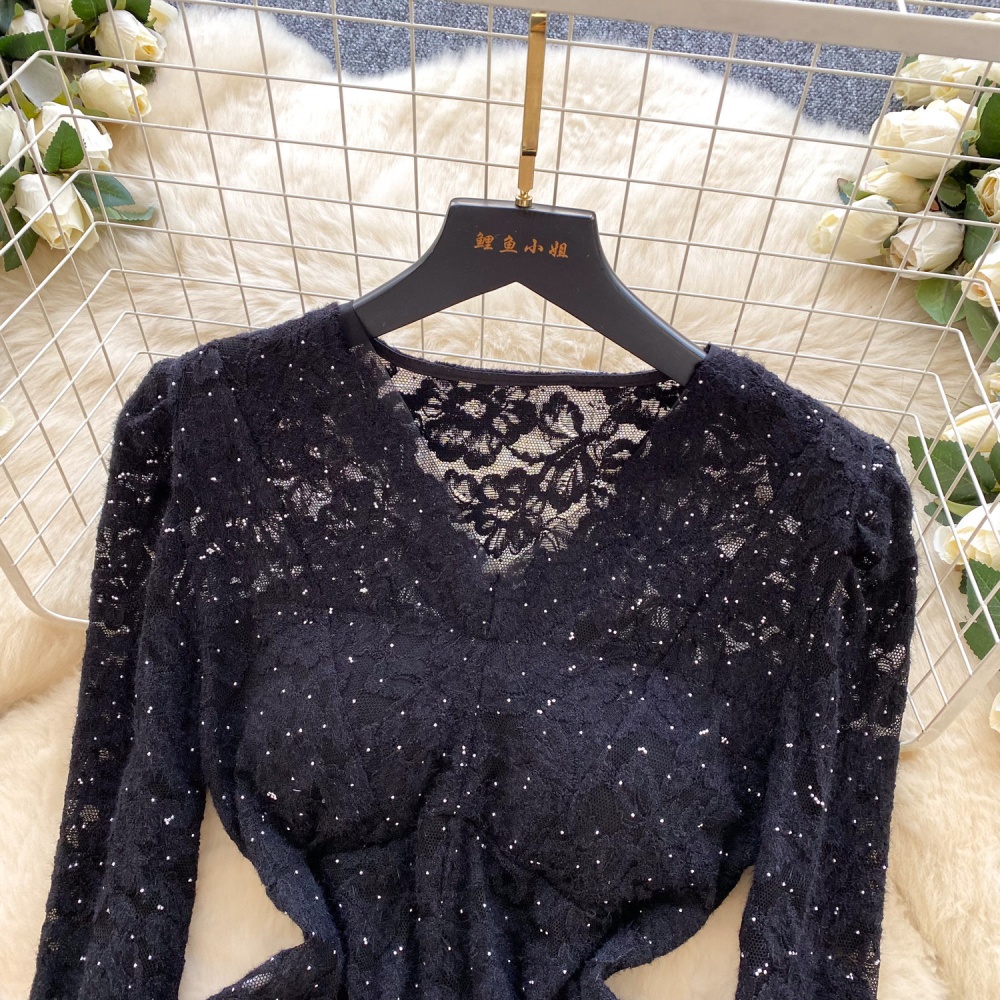 Lace autumn tops trumpet sleeves shirt for women