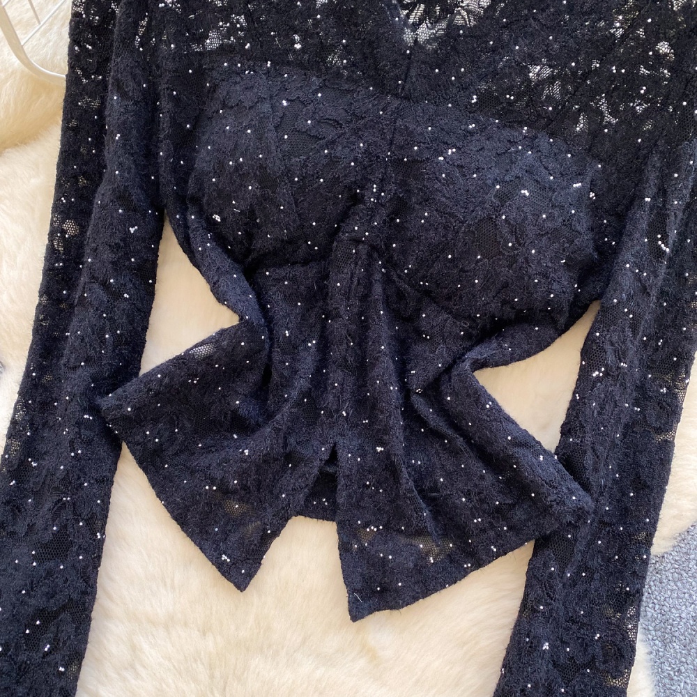 Lace autumn tops trumpet sleeves shirt for women