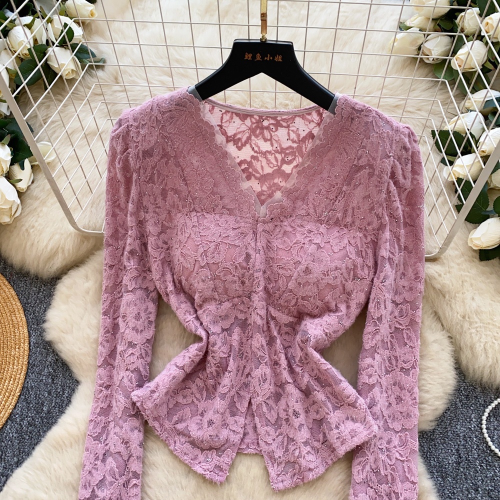 Lace autumn tops trumpet sleeves shirt for women