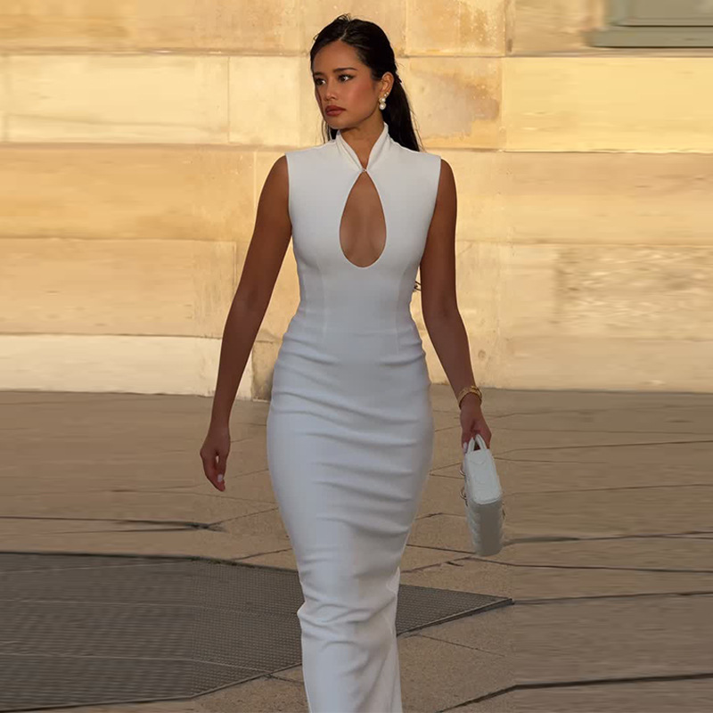 Winter chest hollow fashion back split slim dress