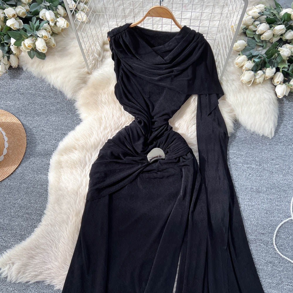 Slim fold long dress hollow gauze dress for women