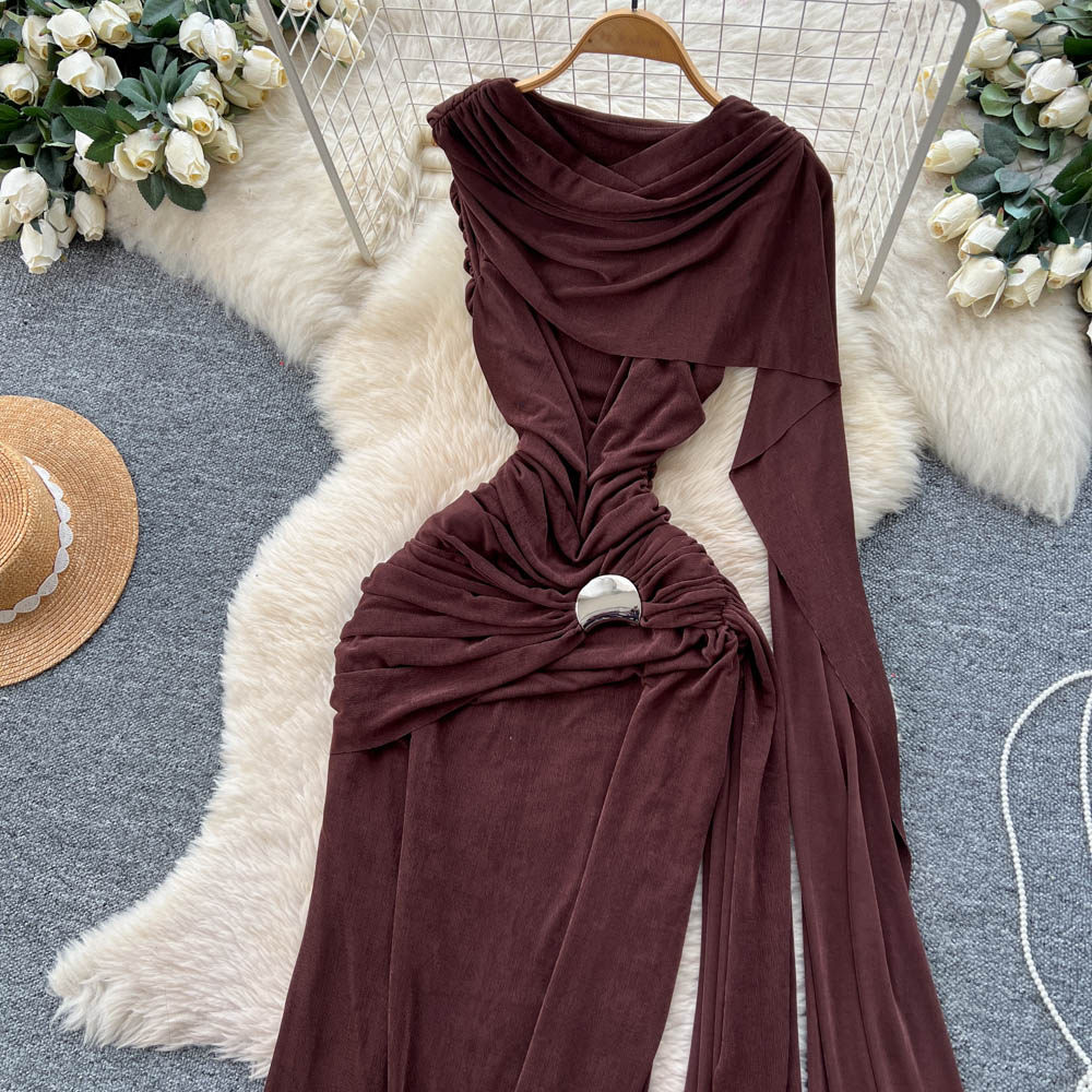 Slim fold long dress hollow gauze dress for women