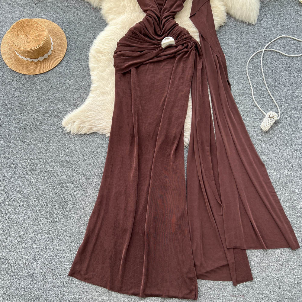 Slim fold long dress hollow gauze dress for women