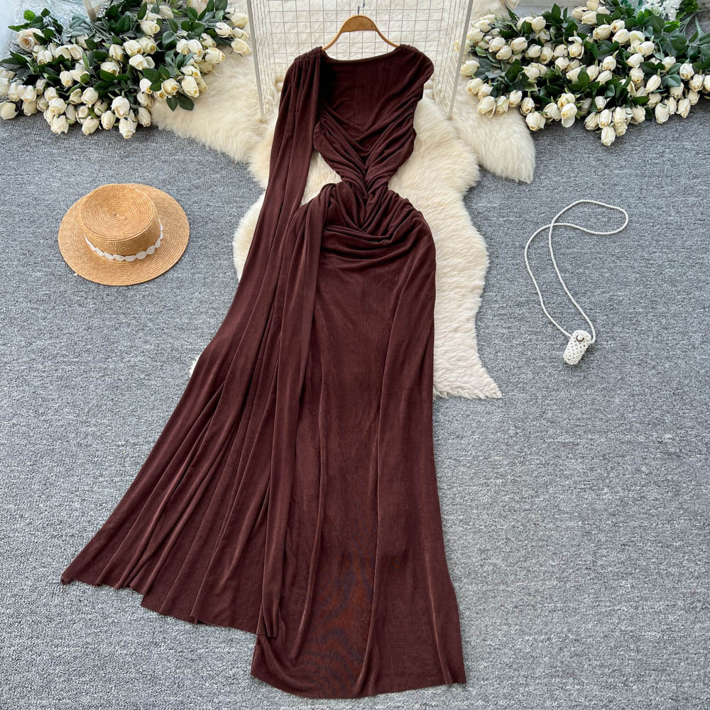 Slim fold long dress hollow gauze dress for women