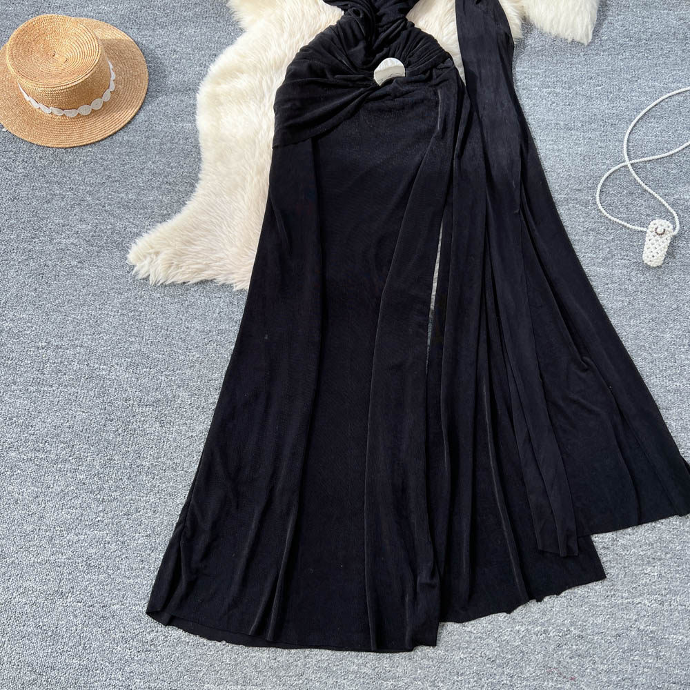 Slim fold long dress hollow gauze dress for women