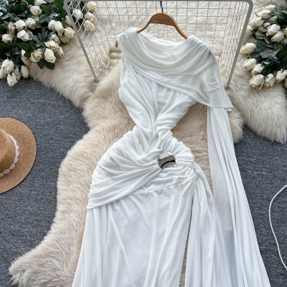 Slim fold long dress hollow gauze dress for women