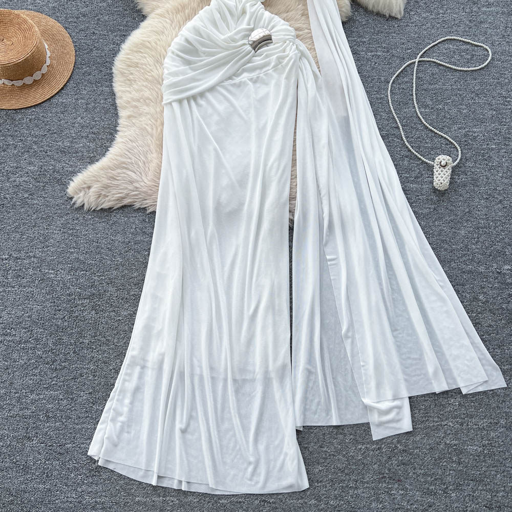 Slim fold long dress hollow gauze dress for women