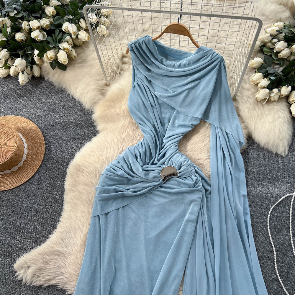 Slim fold long dress hollow gauze dress for women