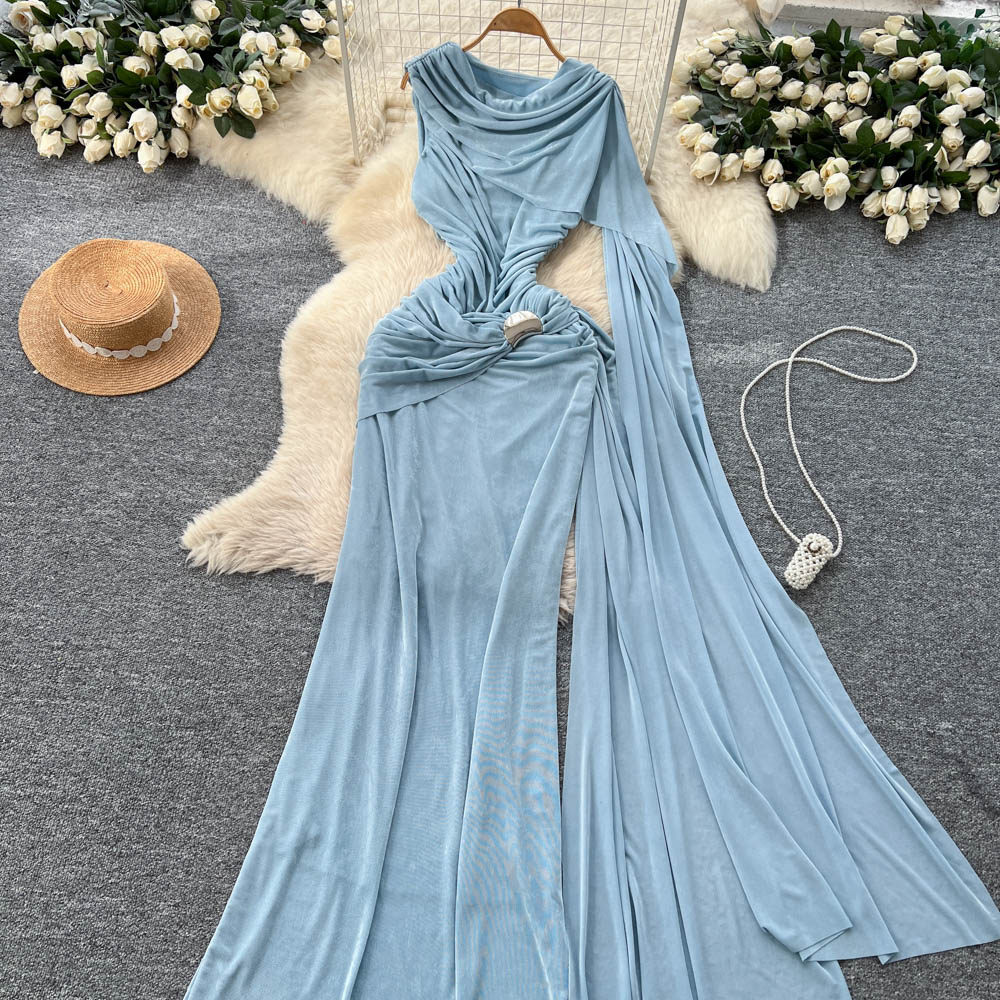 Slim fold long dress hollow gauze dress for women