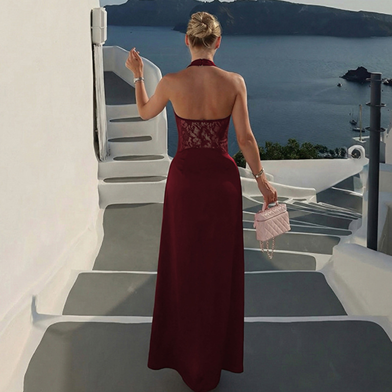 Lace pinched waist winter fashion hollow dress for women