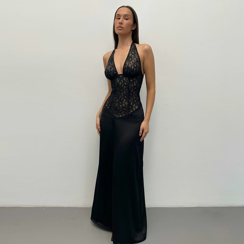 Lace pinched waist winter fashion hollow dress for women