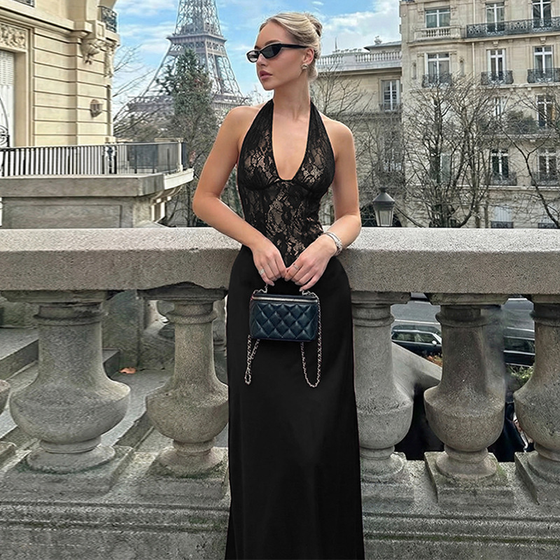 Lace pinched waist winter fashion hollow dress for women