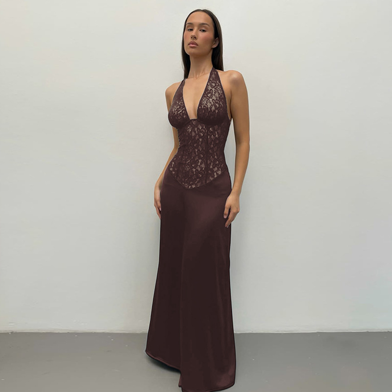 Lace pinched waist winter fashion hollow dress for women