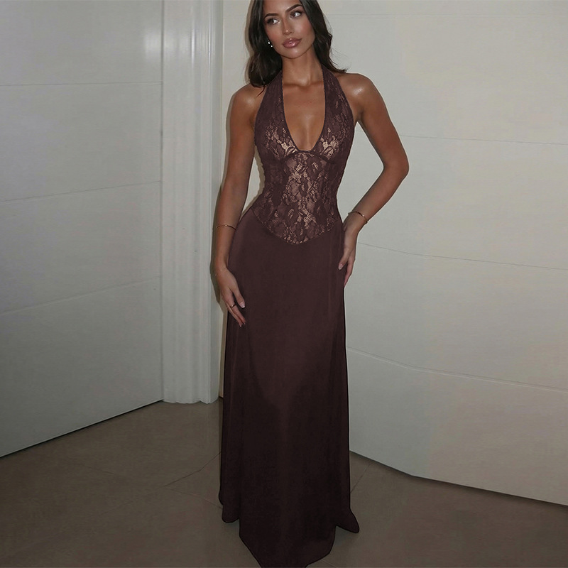 Lace pinched waist winter fashion hollow dress for women