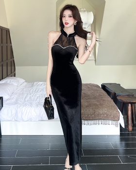 Temperament splice lace cheongsam black Chinese style dress