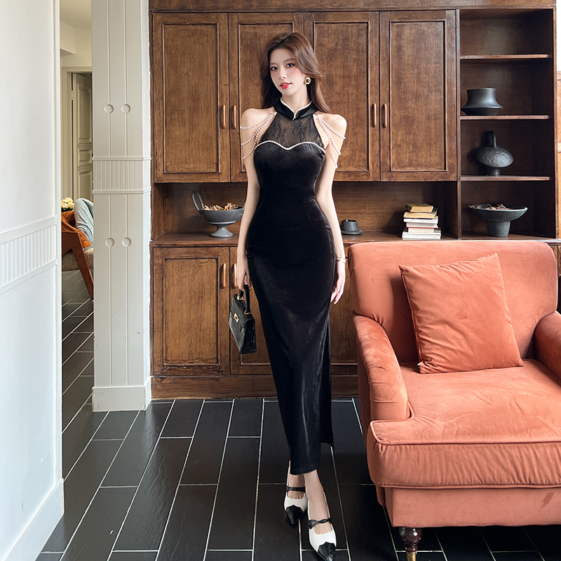 Temperament splice lace cheongsam black Chinese style dress