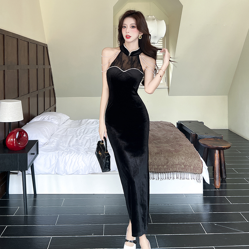 Temperament splice lace cheongsam black Chinese style dress