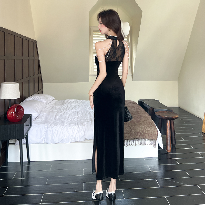 Temperament splice lace cheongsam black Chinese style dress