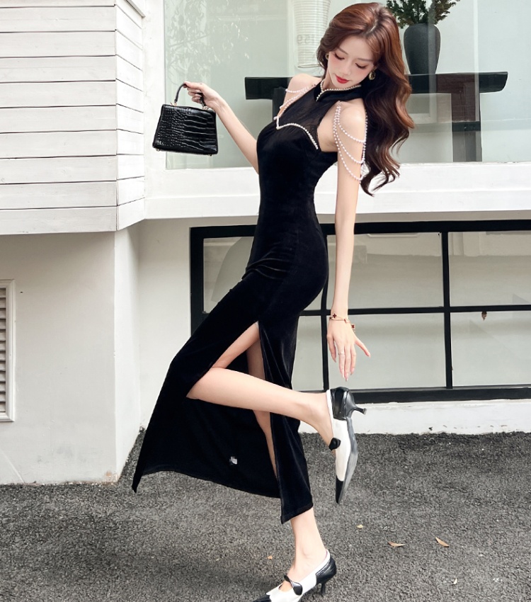 Temperament splice lace cheongsam black Chinese style dress