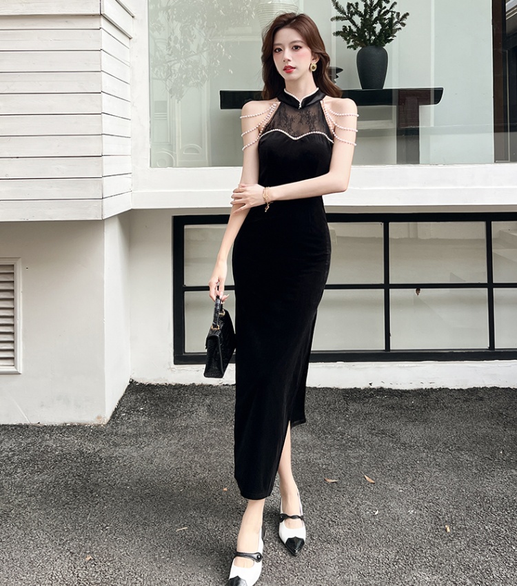 Temperament splice lace cheongsam black Chinese style dress