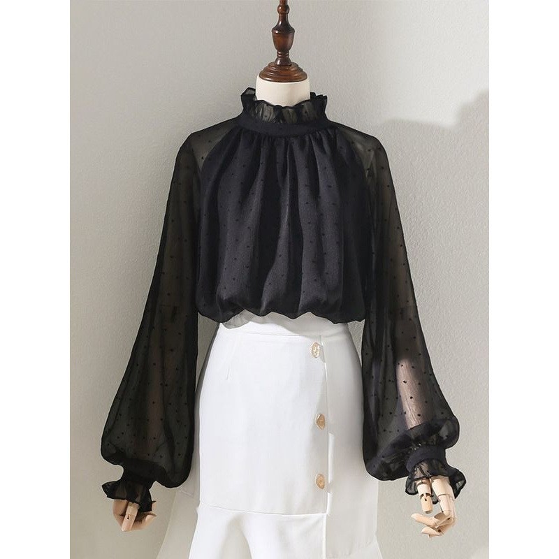 Spring and autumn shirt black tops for women