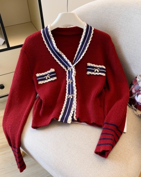 Knitted thermal V-neck tops chanelstyle thick coat