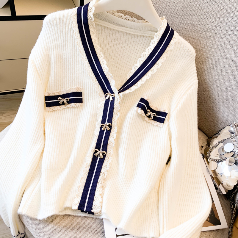 Knitted thermal V-neck tops chanelstyle thick coat