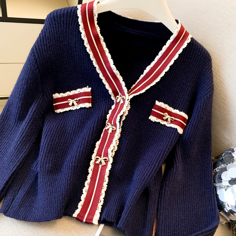 Knitted thermal V-neck tops chanelstyle thick coat