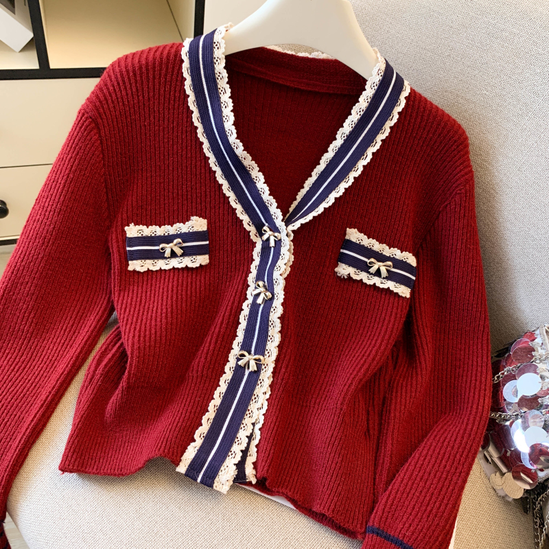 Knitted thermal V-neck tops chanelstyle thick coat