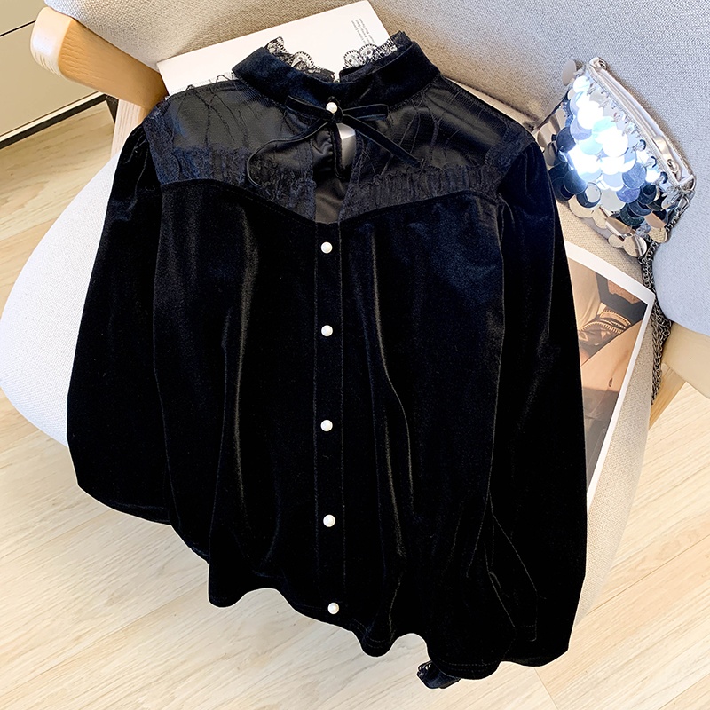 Splice lace temperament autumn France style shirt for women