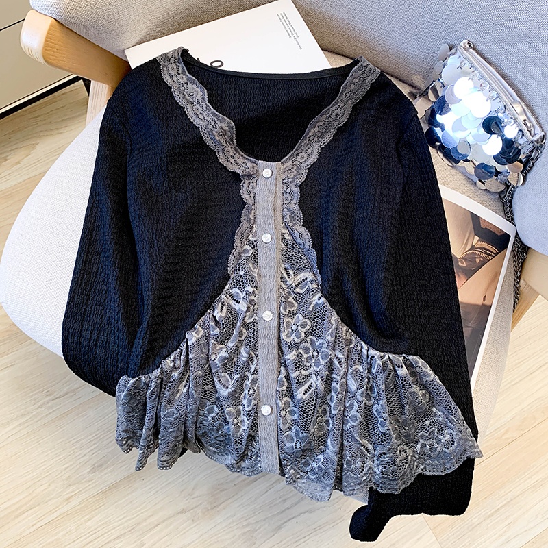 Short lace unique sweater gray niche tops for women