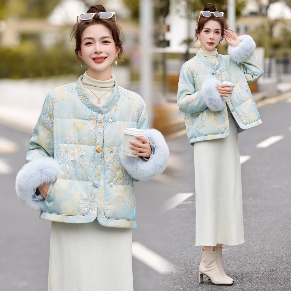 Embroidery fox fur winter Chinese style short down coat