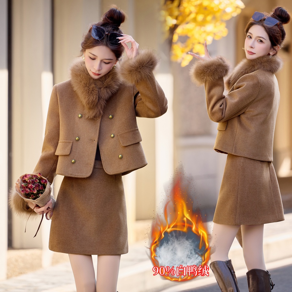 Fox fur winter down plus cotton short skirt 2pcs set