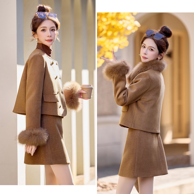 Fox fur winter down plus cotton short skirt 2pcs set