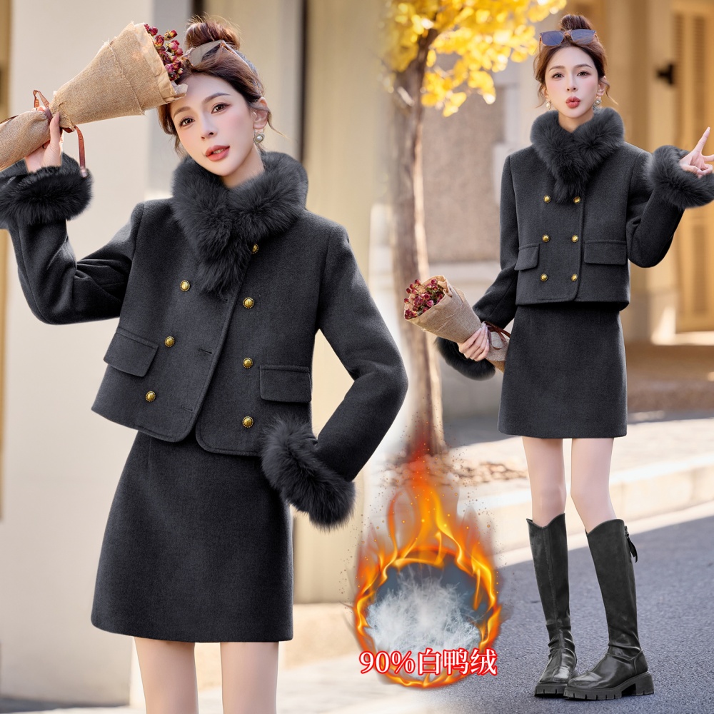 Fox fur winter down plus cotton short skirt 2pcs set