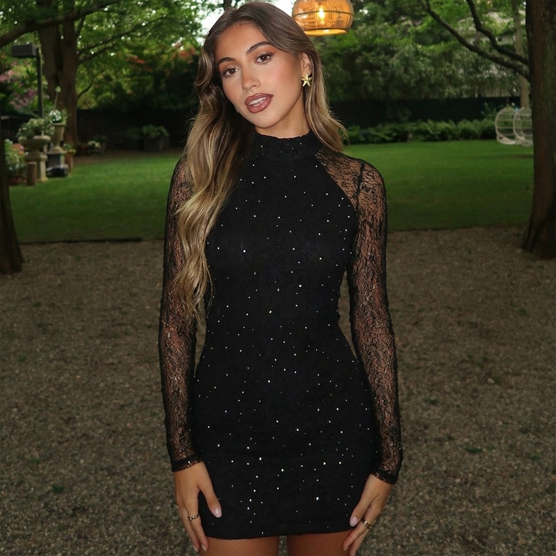 Lace slim rhinestone sexy winter package hip dress