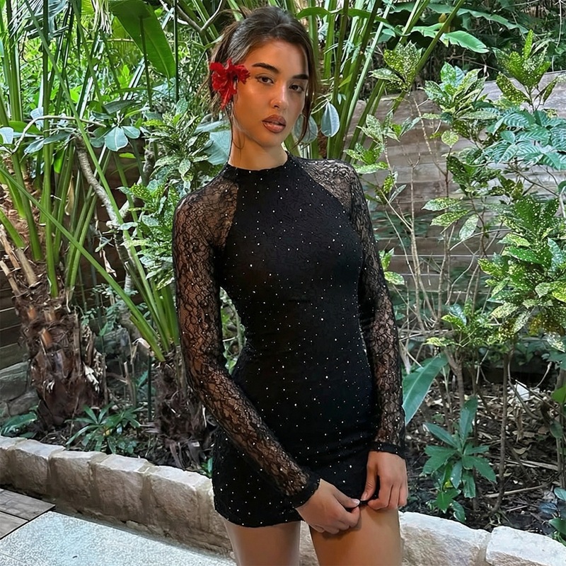 Lace slim rhinestone sexy winter package hip dress