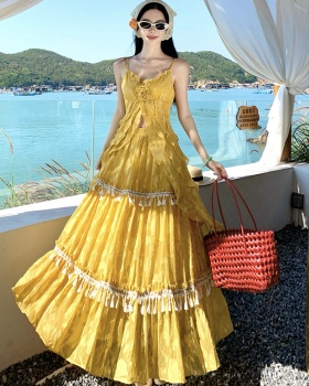 Vacation France style tassels big skirt dress 2pcs set
