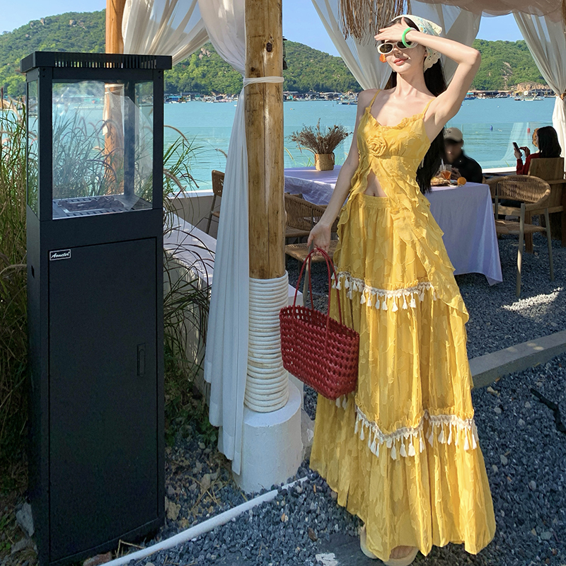 Vacation France style tassels big skirt dress 2pcs set