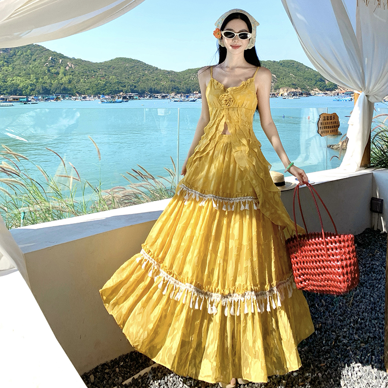 Vacation France style tassels big skirt dress 2pcs set