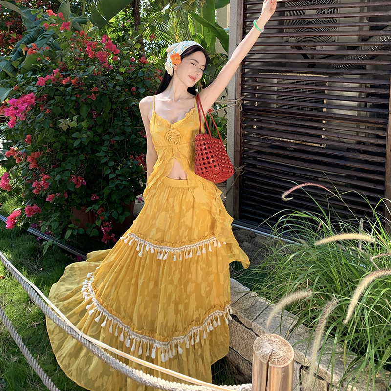 Vacation France style tassels big skirt dress 2pcs set