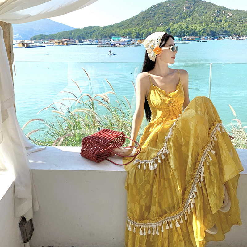 Vacation France style tassels big skirt dress 2pcs set