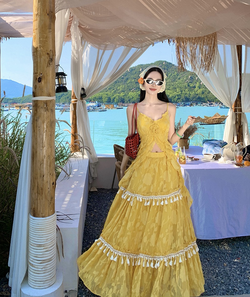 Vacation France style tassels big skirt dress 2pcs set