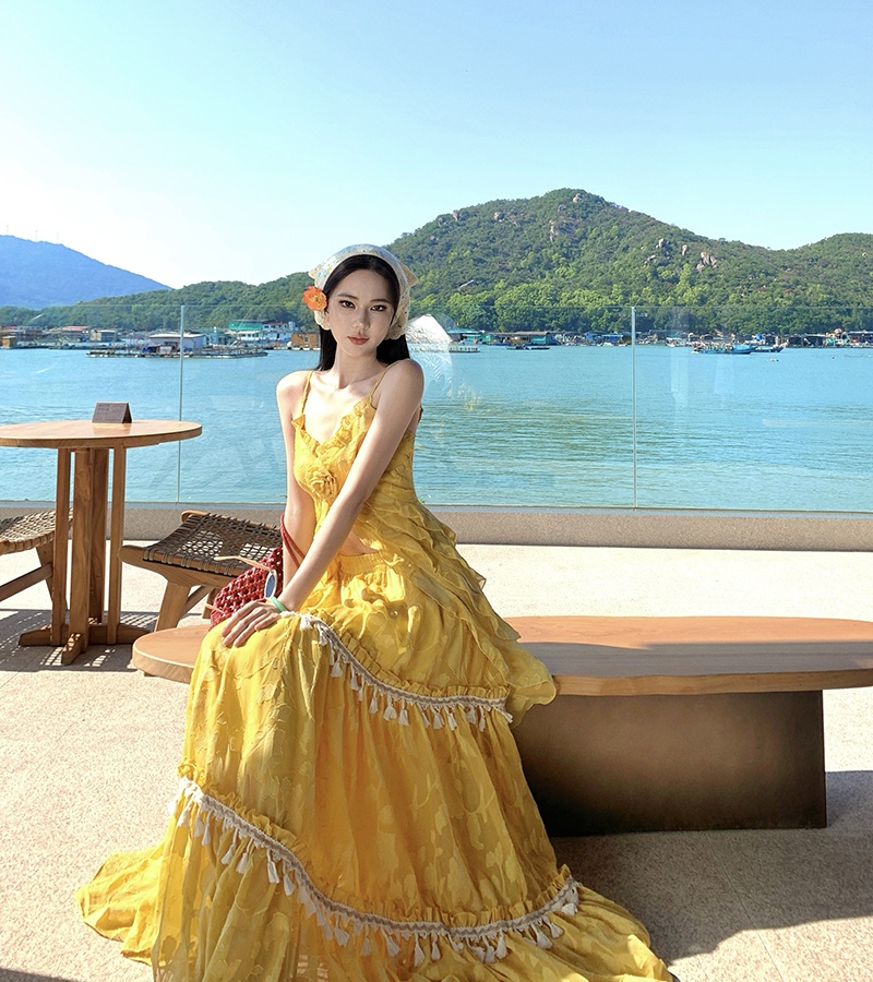 Vacation France style tassels big skirt dress 2pcs set