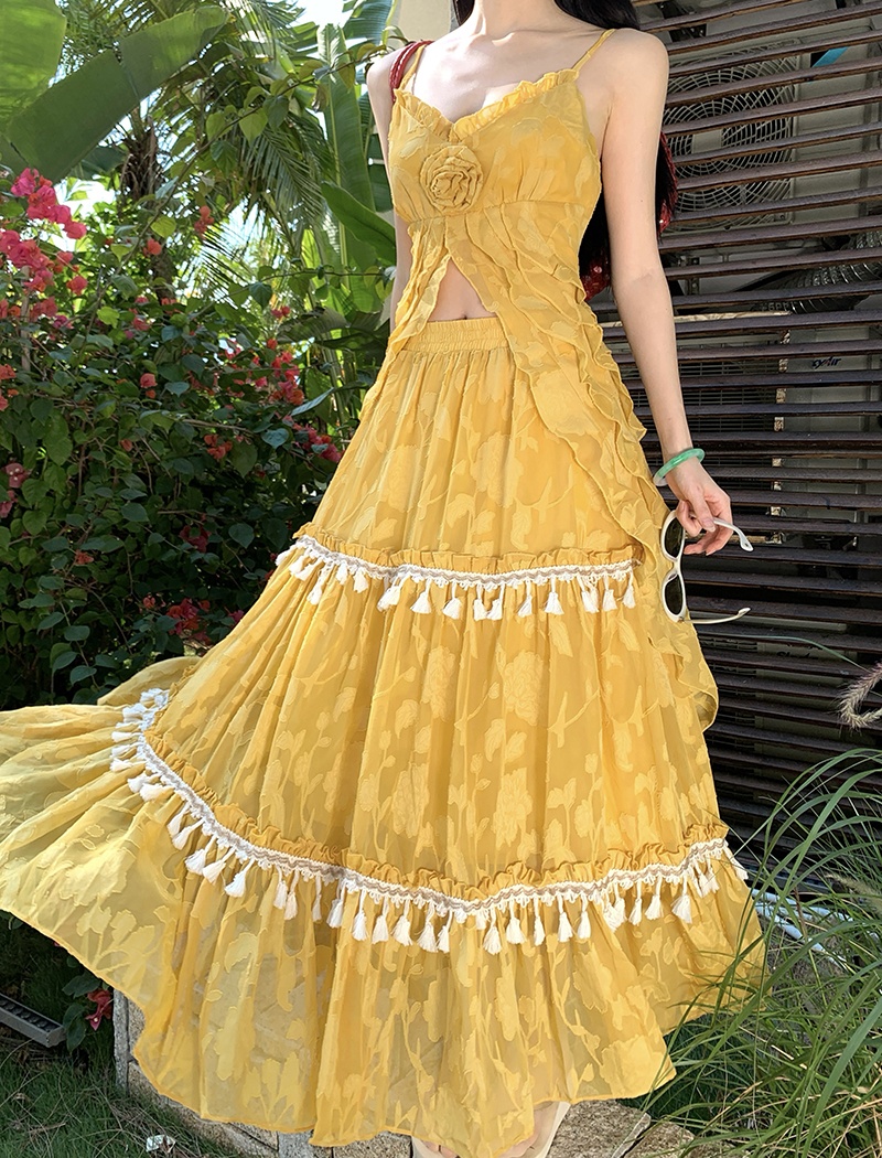 Vacation France style tassels big skirt dress 2pcs set