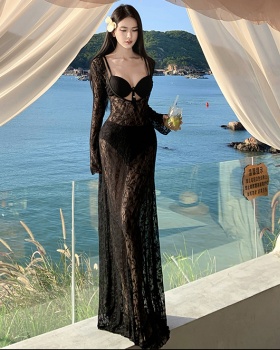 Slim black vacation long dress sunscreen sexy smock