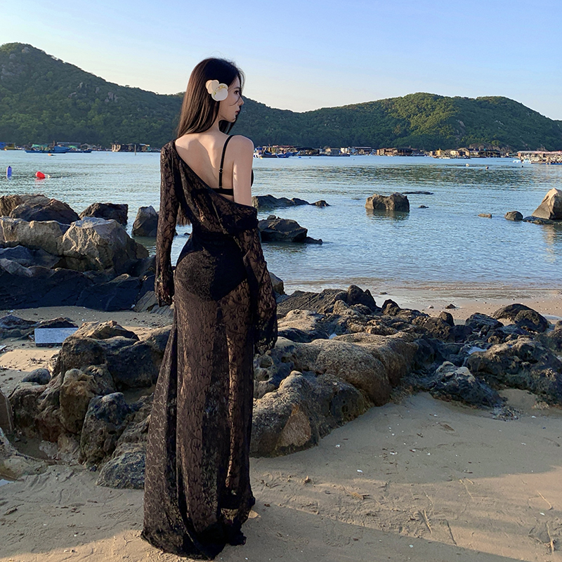 Slim black vacation long dress sunscreen sexy smock