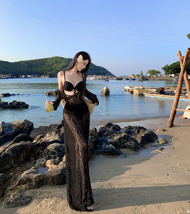 Slim black vacation long dress sunscreen sexy smock